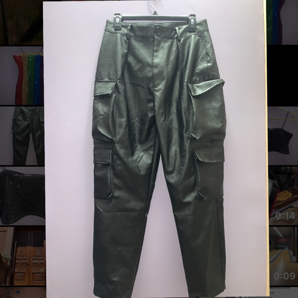Black Faux Leather Cargo Pants